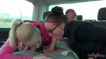 Horny threesome fuck in the driving van, pissing and cumshot included
