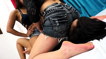 Busty brunette lesbians lick pussy and nipples and fuck ass