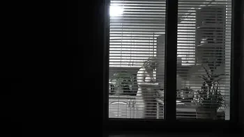 Peeping. Voyeur. Neighbor pervert voyeur in evening on street looks out window as naked sexy neighbor in kitchen prepares dinner for her husband. Naked in public. Naked at home. Family.  Outdoor