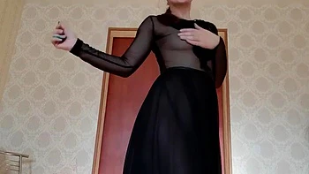 Russian beauty exudes dancing in sheer black chiffon long nightgown: Amateur, Babe  Brunette Porn