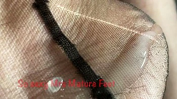 Mature British Granny Mrs Mature Feet Pleasures Lover with Big Natural Tits & Nylon Stockings - Amateur Homemade Cumshot on Feet