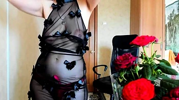 Big-Bodied Brunette MILF's Striptease and Masturbation