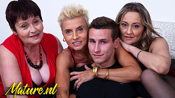 Three Horny Mature Cougars Sharing One Lucky Toy Boy in a Reverse Gangbang