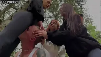 Worship Three Pussies Of Princesses Sofi, Kira And Dina In The Forest - Group Femdom