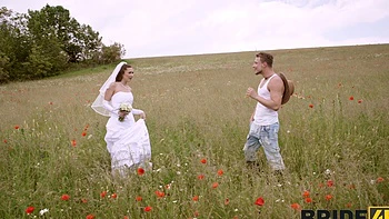 A beautiful bride riding her man in nature, inspired by Sakura Hell’s sensual style.