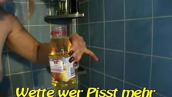 German MILF SweetSusi Dirty Talk Pissing Bet in Bathroom Solo Masturbation