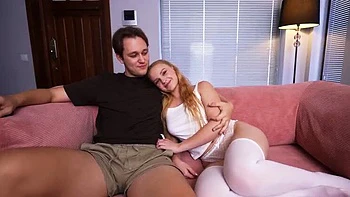 Scared Blonde Teen Sucks Dick Doggy Style and Gets Creampie