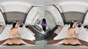 Virtual reality sex with a gorgeous brunette teen Jasmine Jayne on the bed