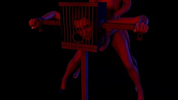 BDSM en position debout avec cage de tête cartoon
