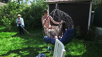 Outdoor Anal Threesome with Big Natural Tits Teen and Old Man Watching