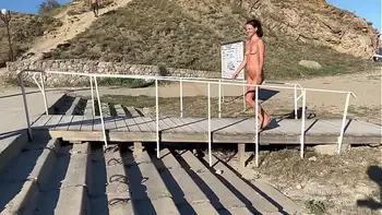 Two girlfriends walk naked on a public beach. Katty West with Kate Rich