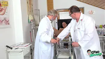 Fresh and horny 19yo girl Bella Angel examined and made to cum by two old doctors