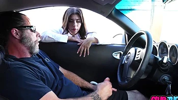 Old pervert spies on college girl jerking in car