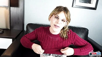 Cute blonde tgirl masturbates ass with dildo