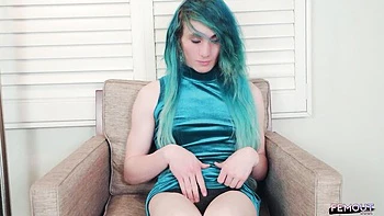 Scarlet Rebel's slim tgirl fingers her tight pussy