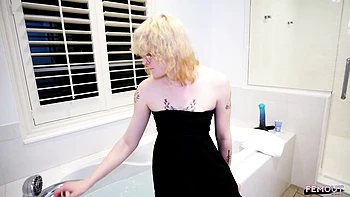 Curly Tgirl Blonde Masturbates with Dildo